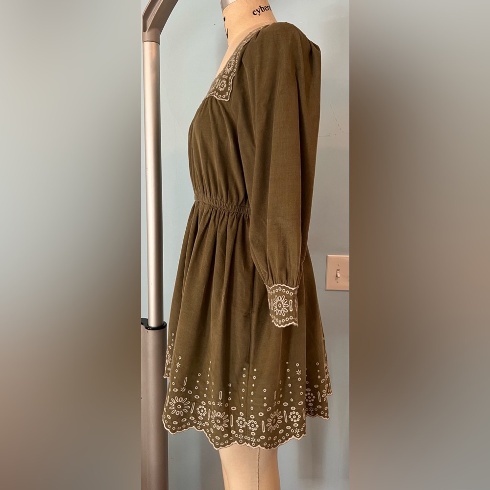 NWT Madewell Embroidered Corduroy Square-Neck Mini Dress - Green - Medium Petite - Picture 8 of 11